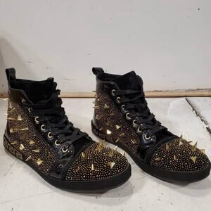 Barabas Men’s 10 Studded Spiked Black and Gold High-Top Sneakers